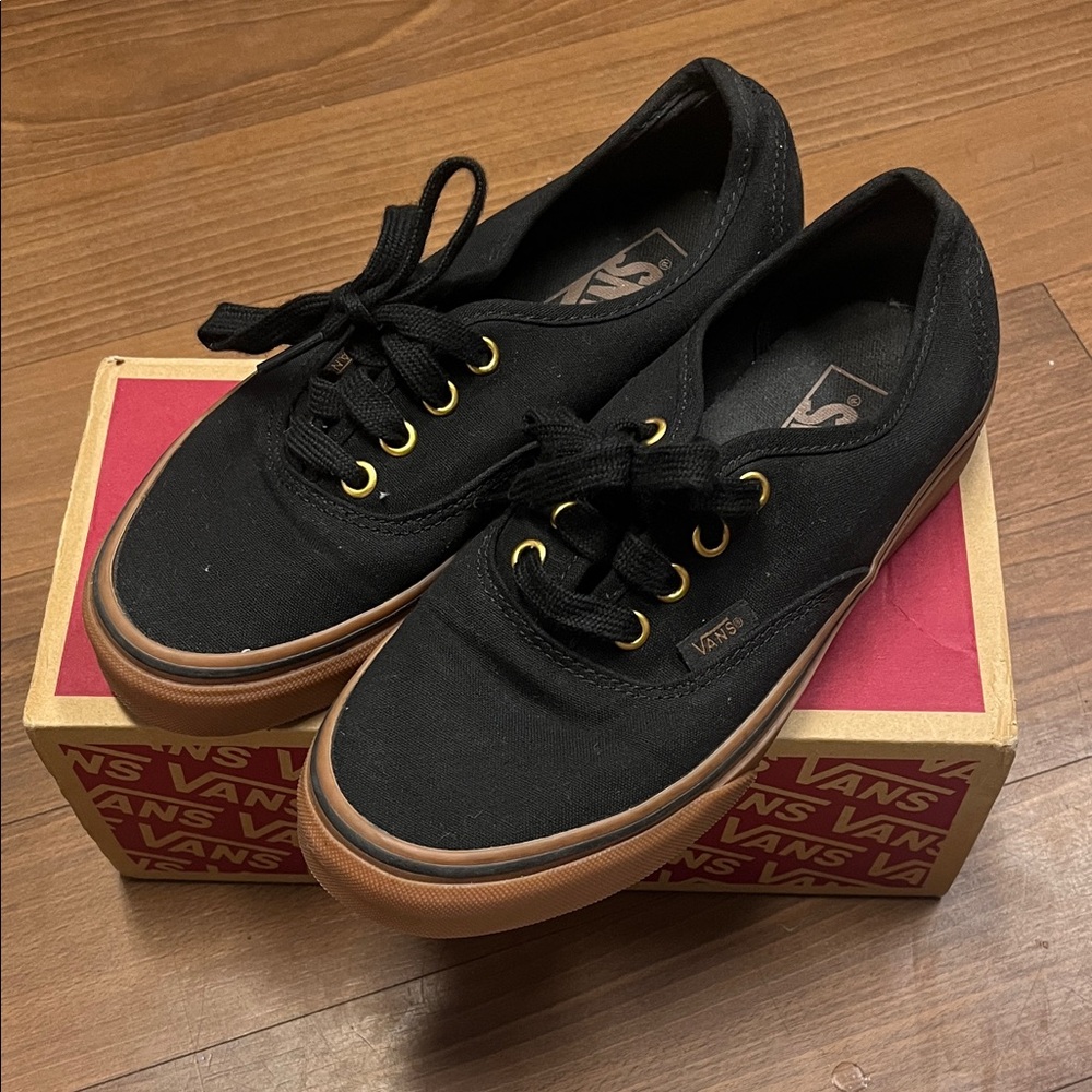 Vans Black Canvas Shoes with Brown Soles